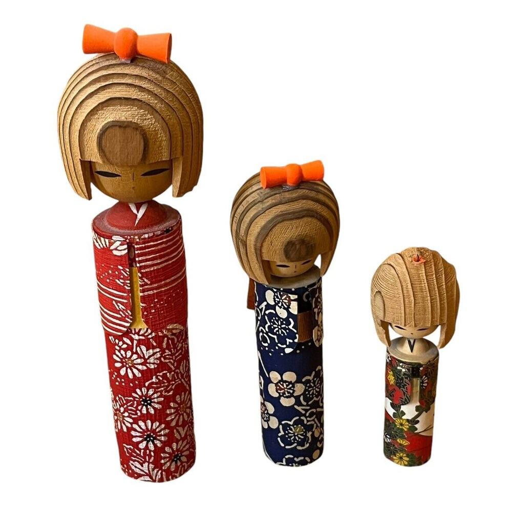 Set Of 3 VTG Japanese Kokeshi Wooden Dolls Geisha Carving Hand Crafted